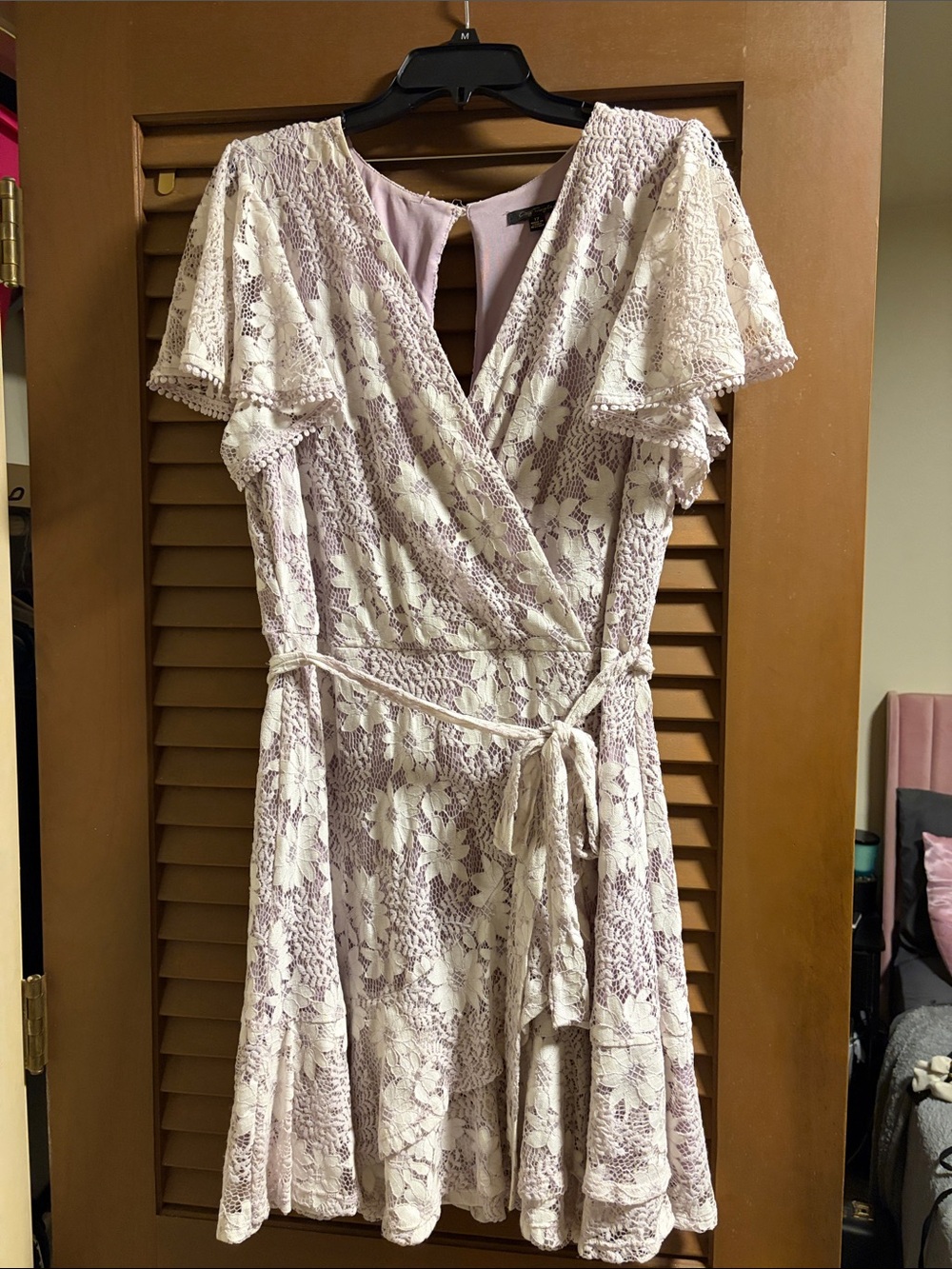 City Triangles Lilac and White Lace Wrap Midi Dress